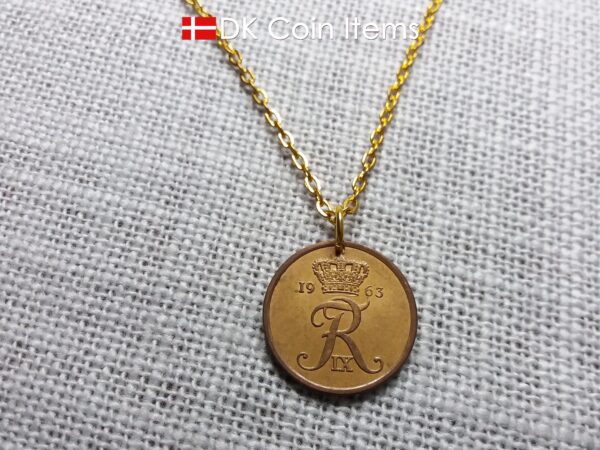 Denmark 1963 coin pendant necklace with Crown R initial. 61 year old 5 ore. 61st birthday gift. Danish vintage souvenir