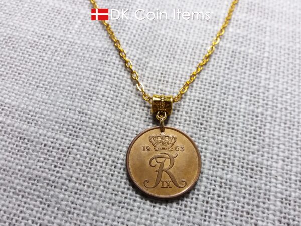 Denmark 1963 coin necklace with Crown R initial. 61 year old 5 ore pendant. 61st birthday gift. Danish vintage souvenir