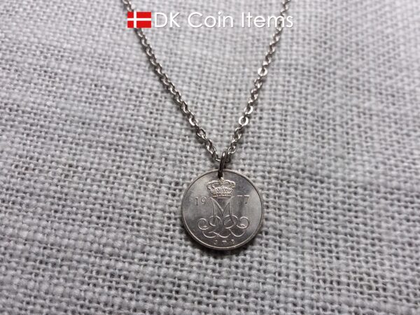 Denmark 1977 coin pendant necklace with Crown M initial. 47 year old 10 ore. 47th birthday gift. Danish vintage souvenir