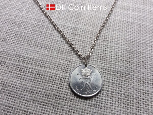 Denmark 1970 coin necklace with 54 year old Crown R initial 2 ore as coin pendant. Unique 54th birthday gift or Danish vintage souvenir