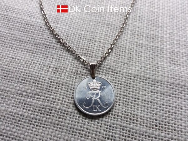 Denmark 1970 coin pendant necklace with 54 year old Crown R initial 2 ore. Unique 54th birthday gift or Danish vintage souvenir