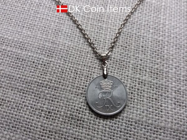 1970 coin pendant necklace with 54 year old Danish Crown R initial 2 ore. Unique 54th birthday gift or Danish vintage souvenir