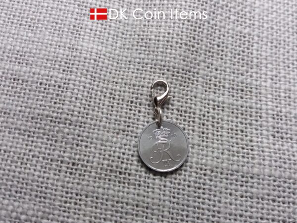 Denmark 1970 coin charm with 54 year old Crown R initial 1 ore as coin pendant. Unique 54th birthday gift or Danish vintage souvenir