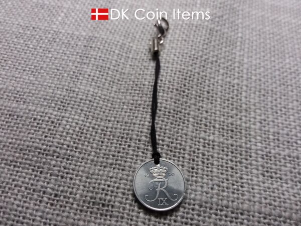 Denmark 1970 coin pendant charm with 54 year old Crown R initial 1 ore. Unique 54th birthday gift or Danish vintage souvenir