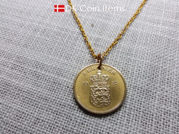 Denmark 1952 coin necklace with 72 year old golden Coat of Arms coin pendant with Royal Crown 2 krone. 72nd birthday gift. Vintage souvenir