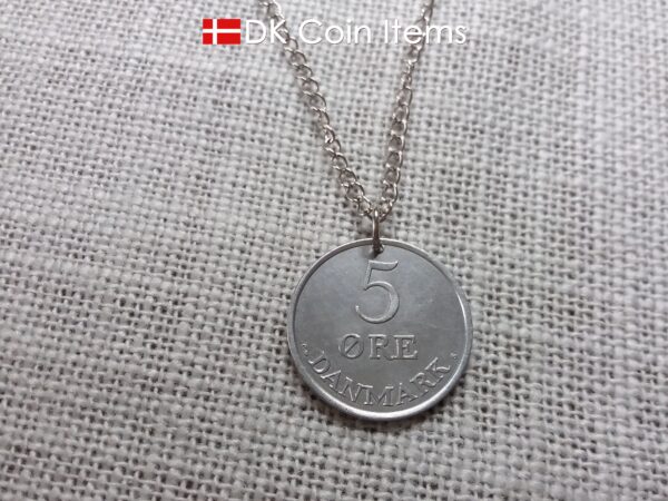 Danish 5 ore coin pendant necklace. 61 year old Crown R initial coin from Denmark 1963. Unique 5th anniversary gift or 61st birthday gift