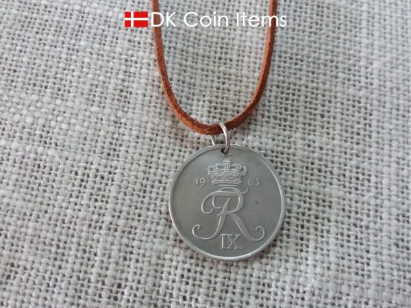 Coin necklace with Danish 5 ore 1963. Crown R initial on 61 year old coin from Denmark. Unique 5th anniversary gift or 61st birthday gift