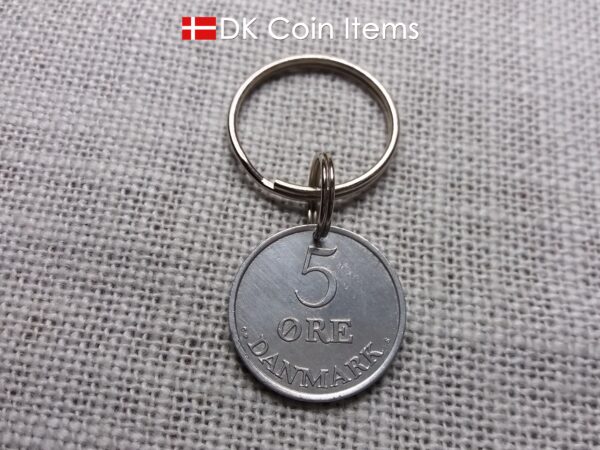 Danish 5 ore coin pendant keychain. 61 year old Crown R initial coin from Denmark 1963. Unique 5th anniversary gift or 61st birthday gift