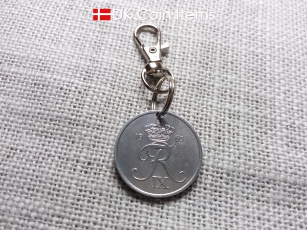 Denmark 1963 coin charm with 61 year old Crown R initial 5 ore as coin pendant. Unique 61st birthday gift or Danish vintage souvenir