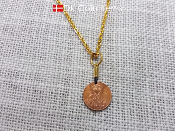 Denmark 1977 coin necklace with 47 year old Crown M initial 5 ore as coin pendant. 47th birthday gift. Danish vintage souvenir