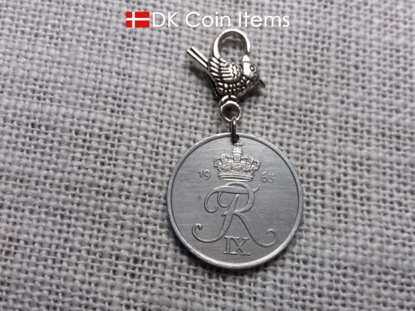 1963 Crown R coin charm with 61 year old 5 ore from Denmark as coin pendant on parrot trigger clip. Danish Vintage souvenir