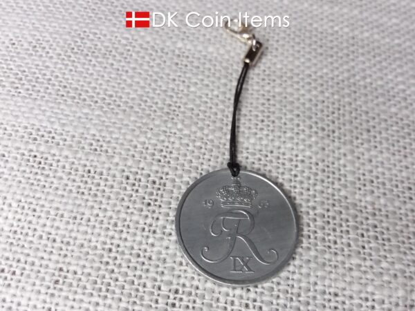 R initial coin charm with 61 year old 5 ore from Denmark as coin pendant on lariat cord strap. Danish 1963 vintage souvenir