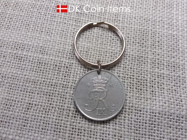 Denmark 1962 Crown R initial coin keychain with 62 year old 5 ore as coin pendant. Unique 62nd birthday gift or Danish vintage souvenir