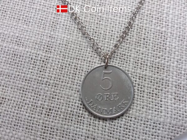 Denmark 1962 Crown R initial coin necklace with 62 year old 5 ore as coin pendant. Unique 62nd birthday gift or Danish vintage souvenir