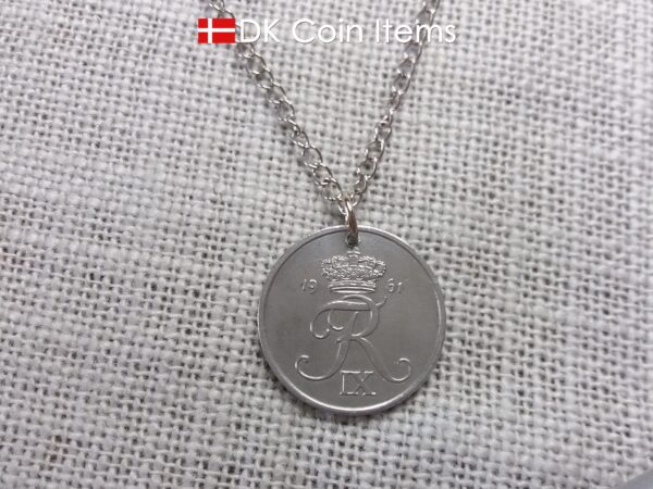 Denmark 1961 Crown R initial coin necklace with 63 year old 5 ore as coin pendant. Unique 63rd birthday gift or Danish vintage souvenir