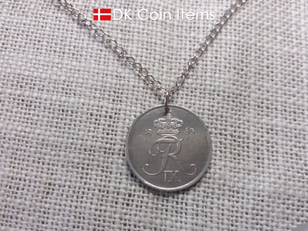 Denmark 1960 Crown R initial coin necklace with 64 year old 5 ore as coin pendant. Unique 64th birthday gift or Danish vintage souvenir