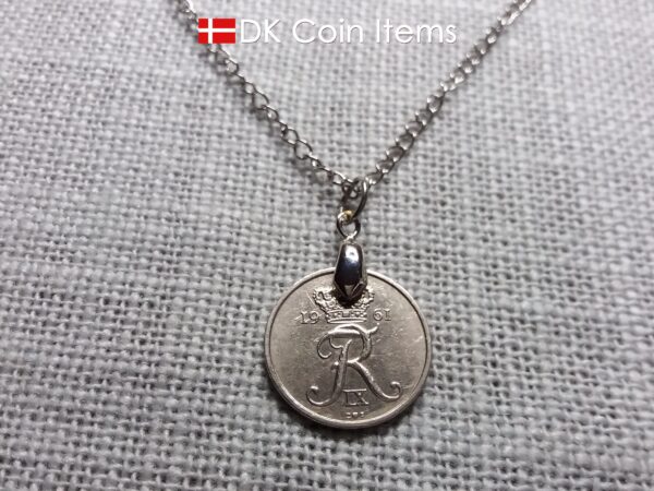 Crown R coin necklace with 63 year old Danish 5 ore 1961 as coin pendant on pinch bail. Vintage souvenir from Denmark