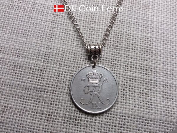 Denmark 1963 Crown R coin necklace with 61 year old 5 ore as coin pendant. Unique 61st birthday gift or Danish vintage souvenir