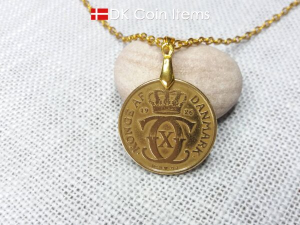 Denmark C-initial coin necklace with antique 1926 2 kroner as coin pendant. Golden 98 year old Danish Royal Crown coin. Unique souvenir gift