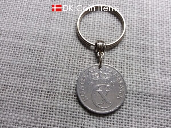 Denmark 1941 coin keychain with 83 year old Crown C initial 5 ore as coin pendant. 83rd birthday gift. Antique Danish vintage souvenir gift