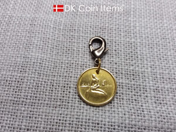 Denmark Little Mermaid coin charm with a Copenhagen vintage 1966-1967 token pendant showing The Danish Little Mermaid sculpture