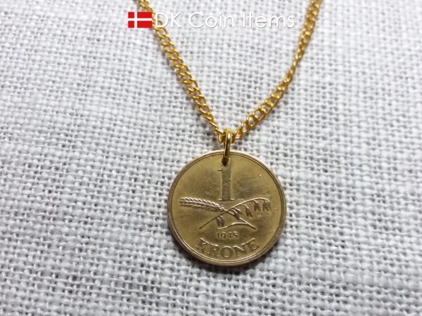 Denmark 1945 coin necklace with 79 year old golden 1 krone coin pendant. 79th birthday gift, 1st anniversary gift, Danish vintage souvenir