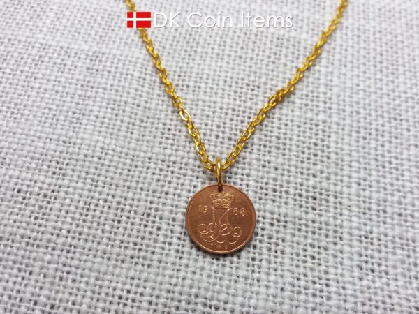 Denmark 1988 coin necklace with 36 year old Crown M initial 5 ore as coin pendant. 36th birthday gift. Danish vintage souvenir