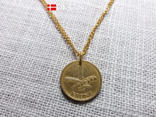 Denmark 1947 coin necklace with 77 year old golden 1 krone coin pendant. 77th birthday gift, 1st anniversary gift, Danish vintage souvenir