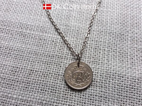 Denmark 1949 coin necklace with 75 year old Crown R initial 10 ore as coin pendant. 75th birthday gift. Danish vintage souvenir