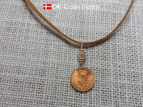 Crown M-initial 1988 coin necklace with 36 year old Danish 5 ore as coin pendant. 36th birthday gift. Danish vintage souvenir