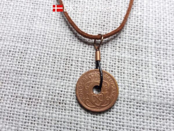 Antique Crown C-initial 1928 coin necklace with 96 year old Danish copper 2 ore as coin pendant in leather strap. Denmark Vintage souvenir