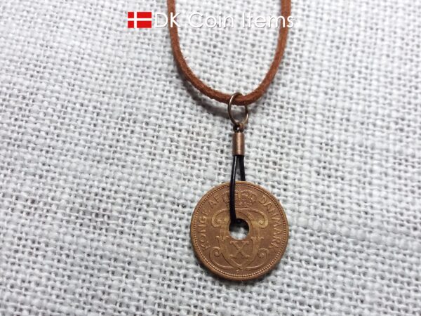 Antique Crown C-initial 1929 coin necklace with 95 year old Danish copper 2 ore as coin pendant in leather strap. Denmark Vintage souvenir