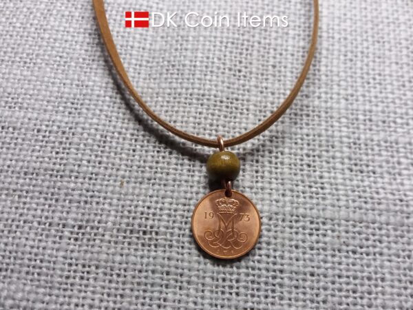 Crown M-initial 1973 coin necklace with 51 year old Danish 5 ore as coin pendant. 51st birthday gift. Danish vintage souvenir