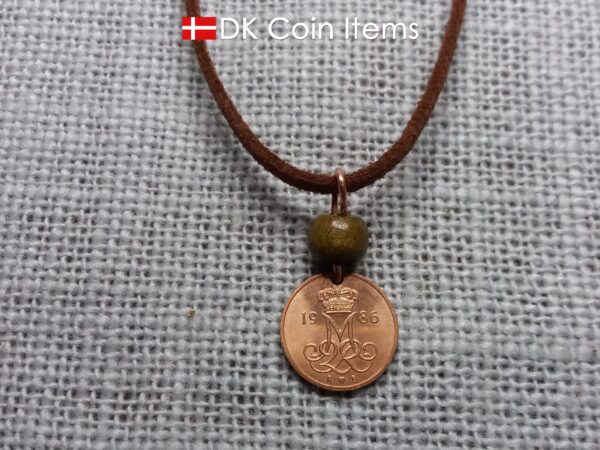 Crown M-initial 1986 coin necklace with 38 year old Danish 5 ore as coin pendant. 38th birthday gift. Danish vintage souvenir