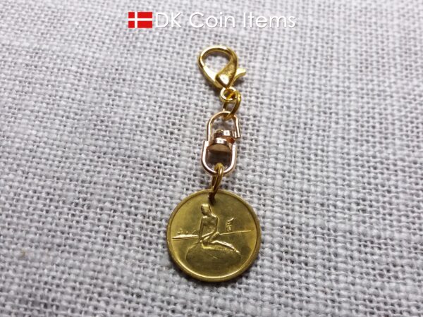 Danish Coin charm with the Little Mermaid sculpture in Copenhagen on vintage 1966-1967 fare token as pendant