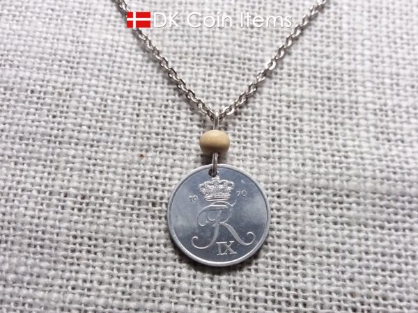 Crown R-initial 1970 coin necklace with 54 year old 2 ore from Denmark as coin pendant. 54th birthday gift. Danish vintage souvenir