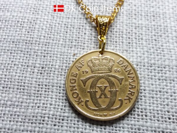 Crown C-initial coin necklace with golden 98 year old 1926 2 kroner from Denmark as coin pendant. Antique Danish vintage souvenir gift