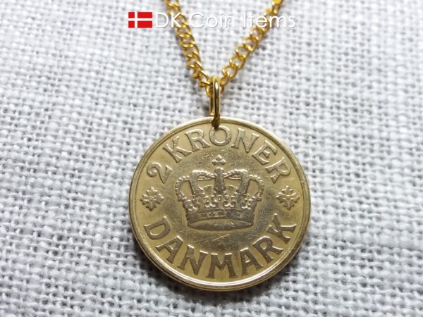 Crown C initial coin pendant necklace with an antique Danish golden 1926 coin (31mm/1¹/₄", 13 grams) on a gold plated ring. Denmark souvenir