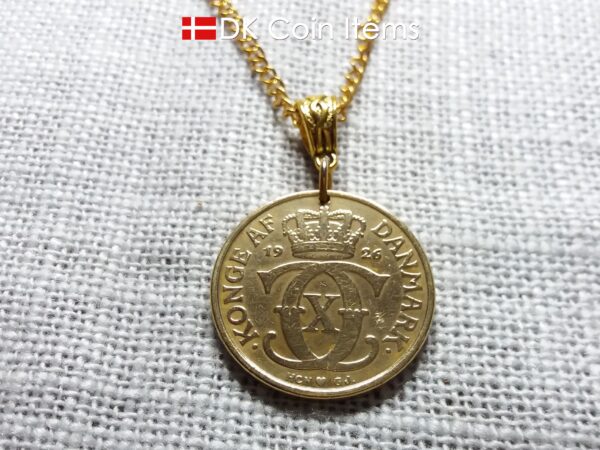 Golden 98 year old Crown C-initial coin necklace with 2 kroner 1926 from Denmark as coin pendant. Antique Danish vintage souvenir gift