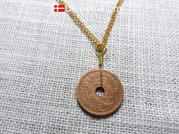 Denmark Crown C initial coin necklace with 97 year old Danish copper 5 ore as pendant. Antique 1927 vintage souvenir. 97th birthday gift