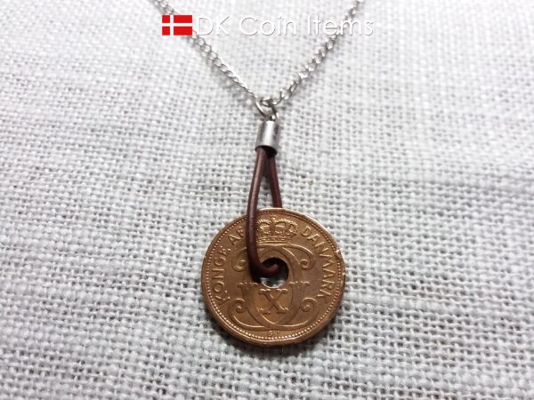 Antique Crown C-initial 1927 coin necklace with 97 year old Danish copper 5 ore as coin pendant in leather strap. Denmark Vintage souvenir