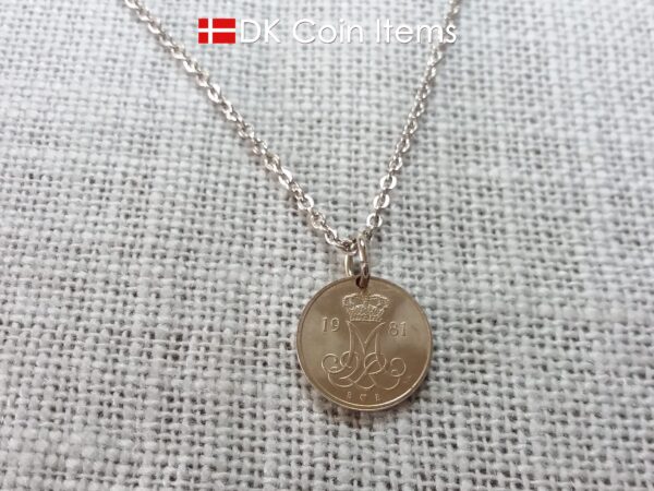 Denmark 1981 coin necklace with 43 year old Crown M initial 10 ore as coin pendant. 43rd birthday gift. Danish vintage souvenir