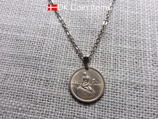 Denmark Little Mermaid coin necklace with Copenhagen vintage 1966-1967 fare token pendant showing sculpture of The Danish Little Mermaid