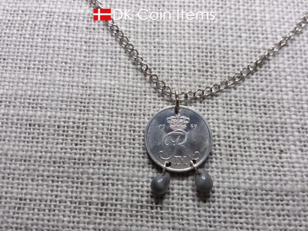 1969 Crown R initial coin necklace with 55 year old 2 ore from Denmark as coin pendant. 55th birthday gift. Danish vintage souvenir