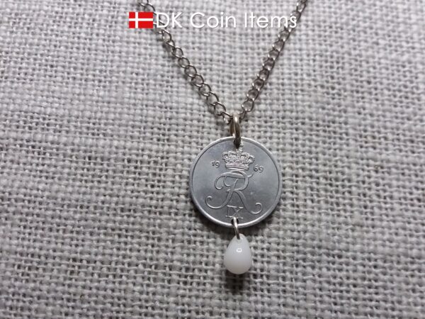 Denmark 1969 Crown R initial coin necklace with 55 year old 2 ore as coin pendant. 55th birthday gift. Danish vintage souvenir