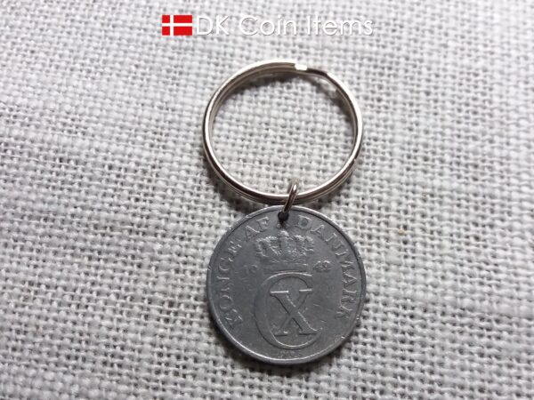 Denmark 1942 coin keychain with 82 year old Crown C initial 5 ore as coin pendant. 82nd birthday gift. Antique Danish vintage souvenir gift