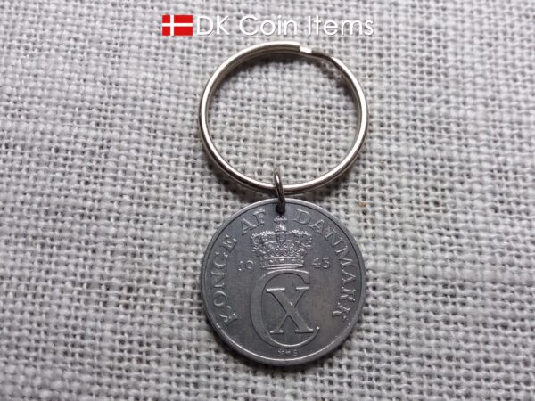 Denmark 1943 coin keychain with 81 year old Crown C initial 5 ore as coin pendant. 81st birthday gift. Antique Danish vintage souvenir gift