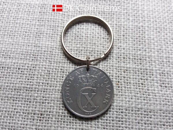 Denmark 1944 coin keychain with 80 year old Crown C initial 5 ore as coin pendant. 80th birthday gift. Antique Danish vintage souvenir gift