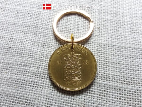 Denmark 1958 coin keychain with 66 year old golden Crown Coat of Arms 2 kroner as coin pendant. 66th birthday gift. Danish vintage souvenir