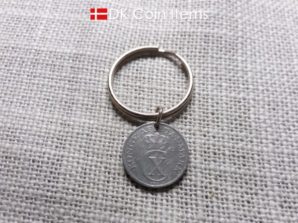 Denmark 1942 coin keychain with 82 year old Crown C initial 2 ore as coin pendant. 82nd birthday gift. Antique Danish vintage souvenir gift